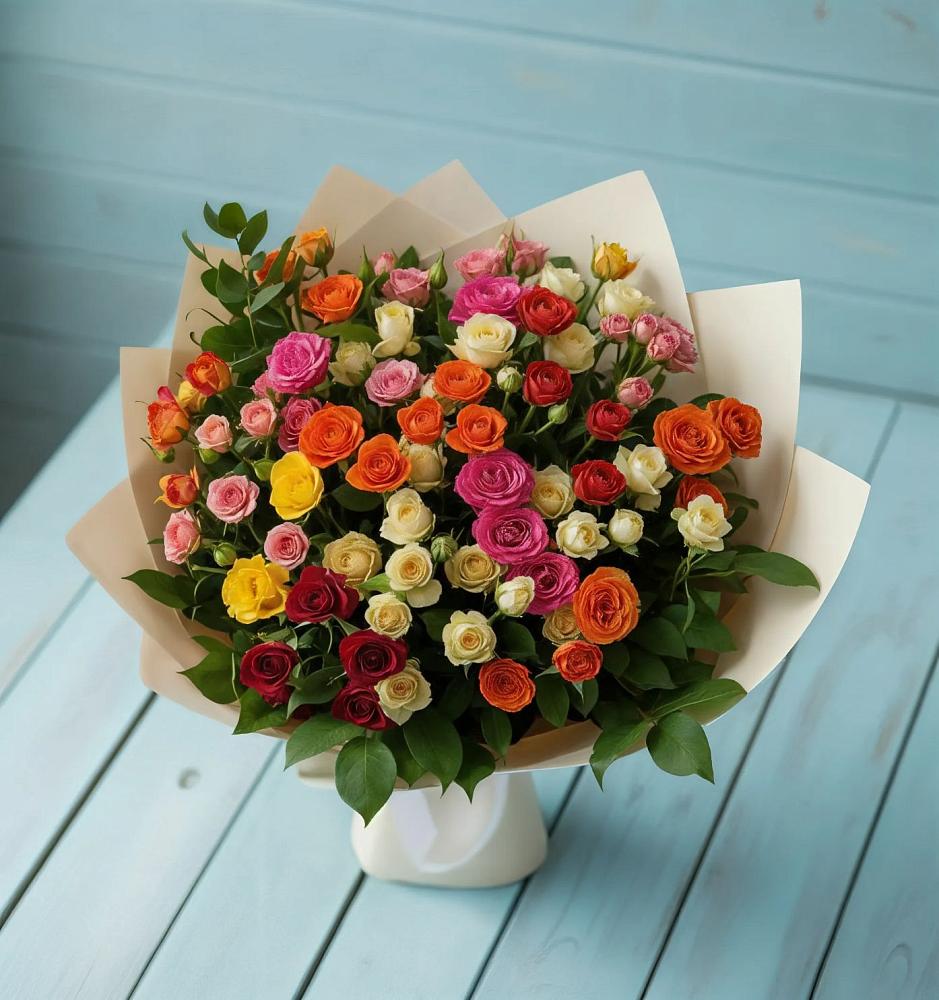 Букет Микс из разноцветных кустовых роз в Кукарино
